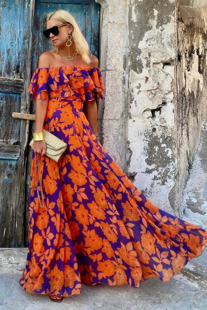 Off Shoulder Layered Cinch Waist Floral Print Vacation Maxi Dresses