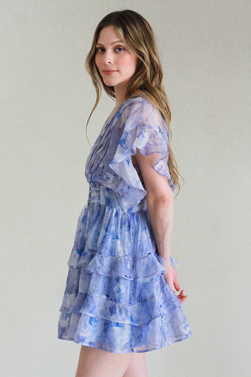 Pattern Print Deep V Neck Ruffled A-Line Mini Dresses-Blue
