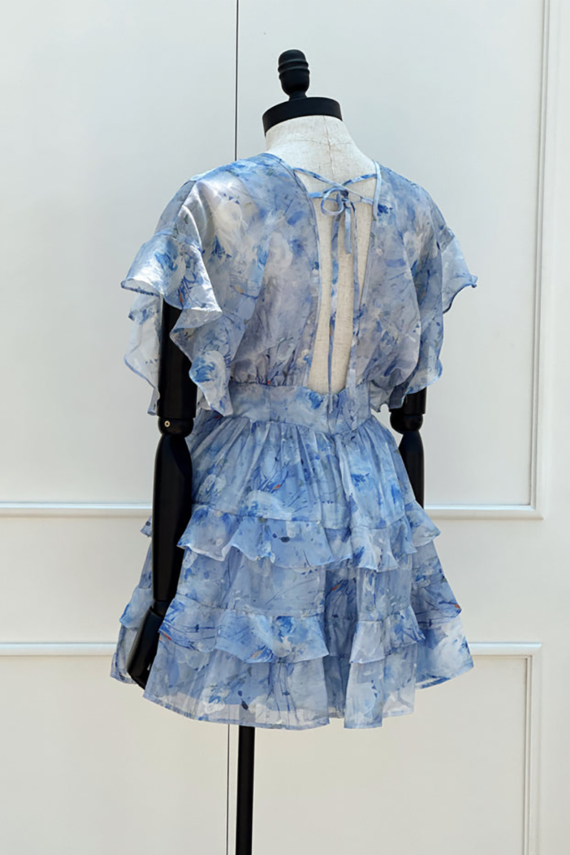 Pattern Print Deep V Neck Ruffled A-Line Mini Dresses-Blue