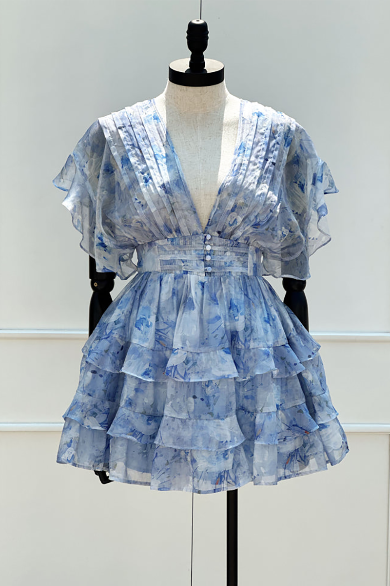 Pattern Print Deep V Neck Ruffled A-Line Mini Dresses-Blue