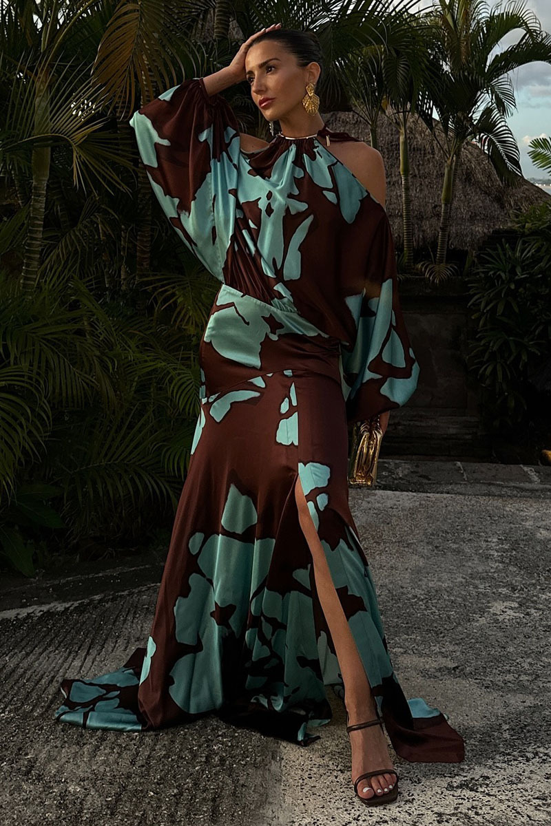Cold Shoulder Halter Lantern Long Sleeve Cinch Waist Colorblock Maxi Dresses