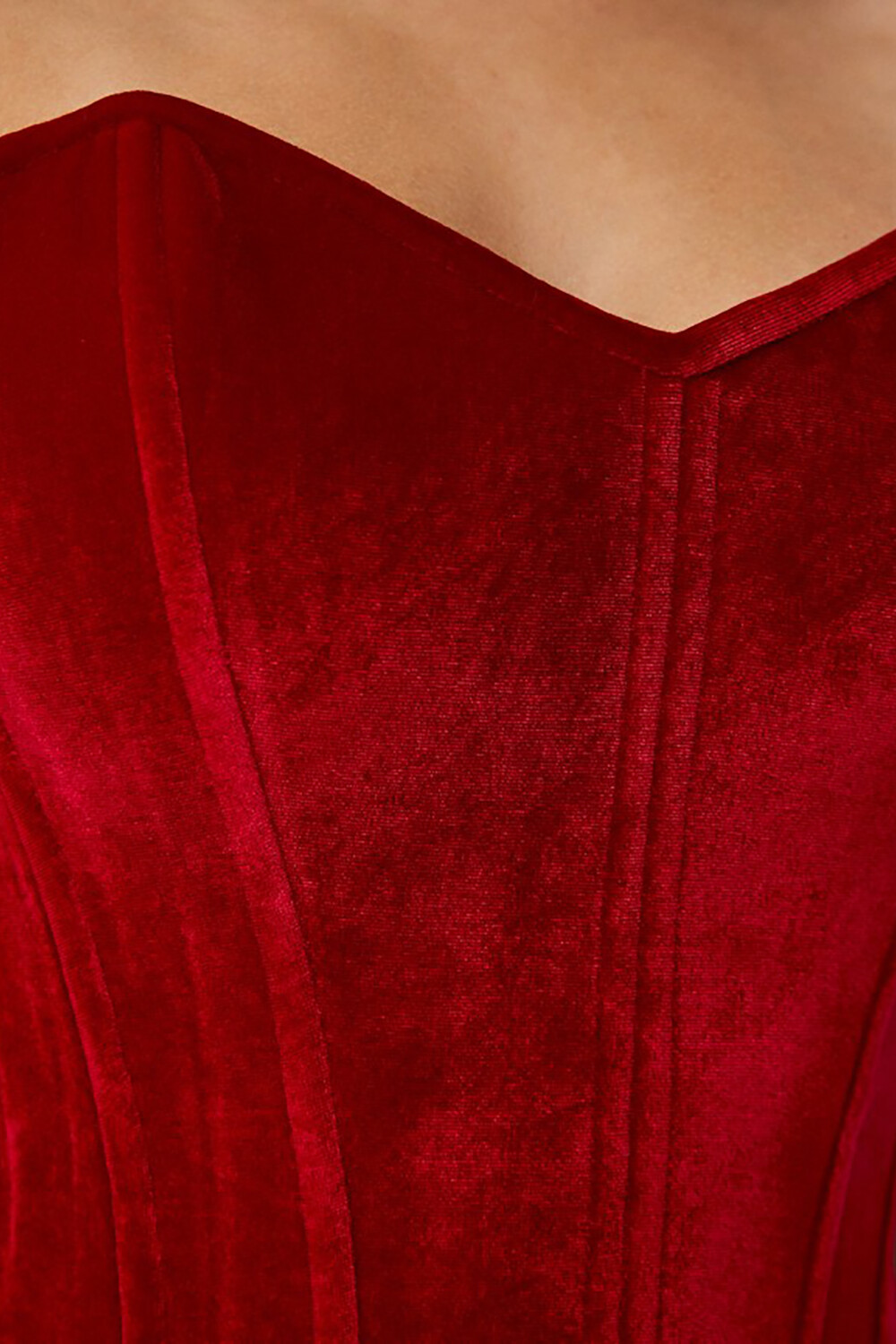 Velvet Corset Design Ruched Slim Fit Strapless Midi Dresses-Red