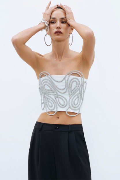 Glittering Irregular Decor Party Strapless Crop Top-Black