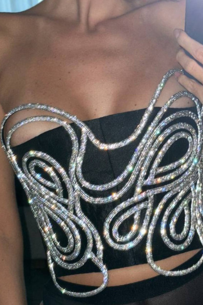 Glittering Irregular Decor Party Strapless Crop Top-Black