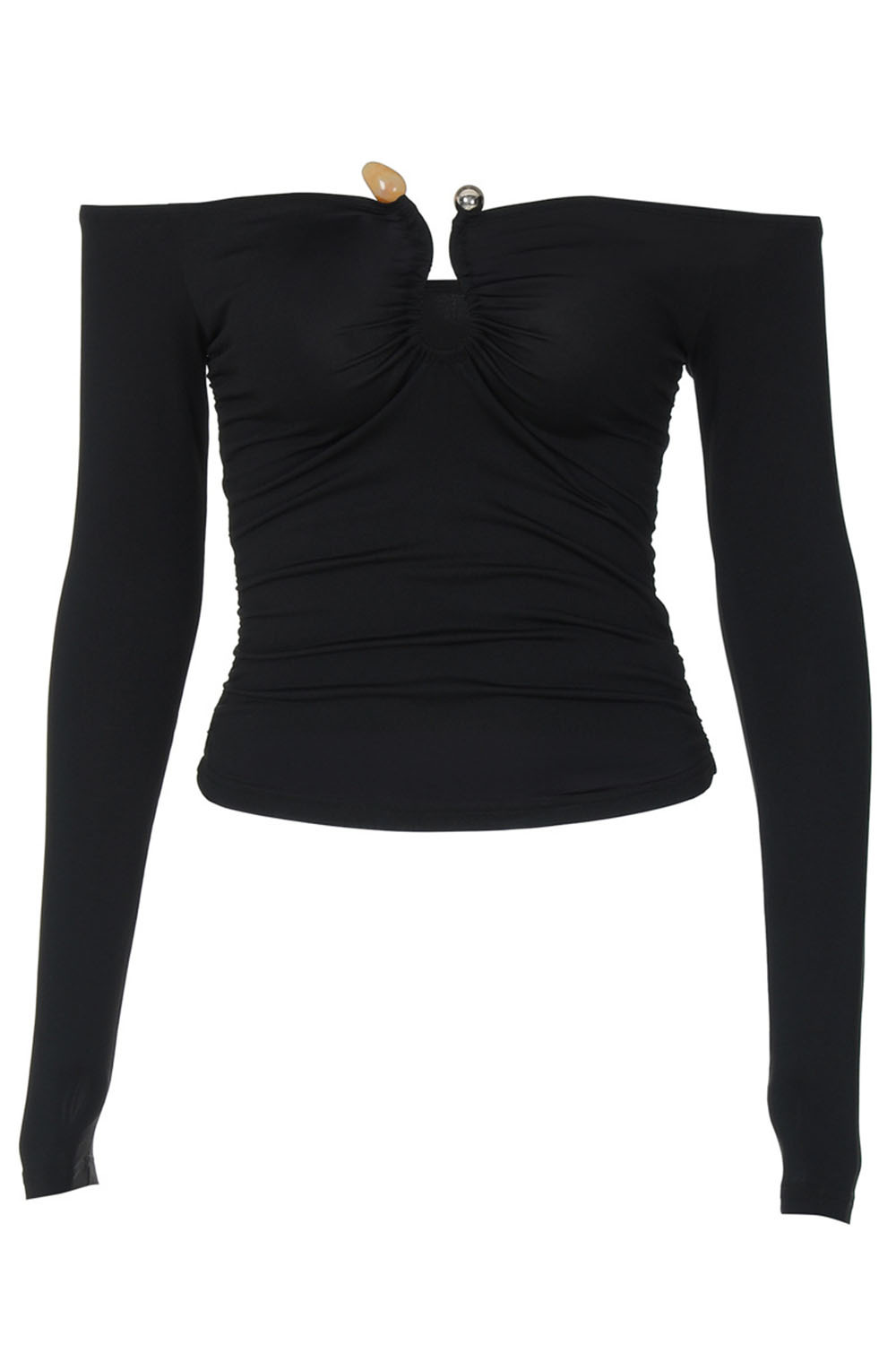 Off Shoulder Notched Collar Long Sleeve Slim-Fit Top-White