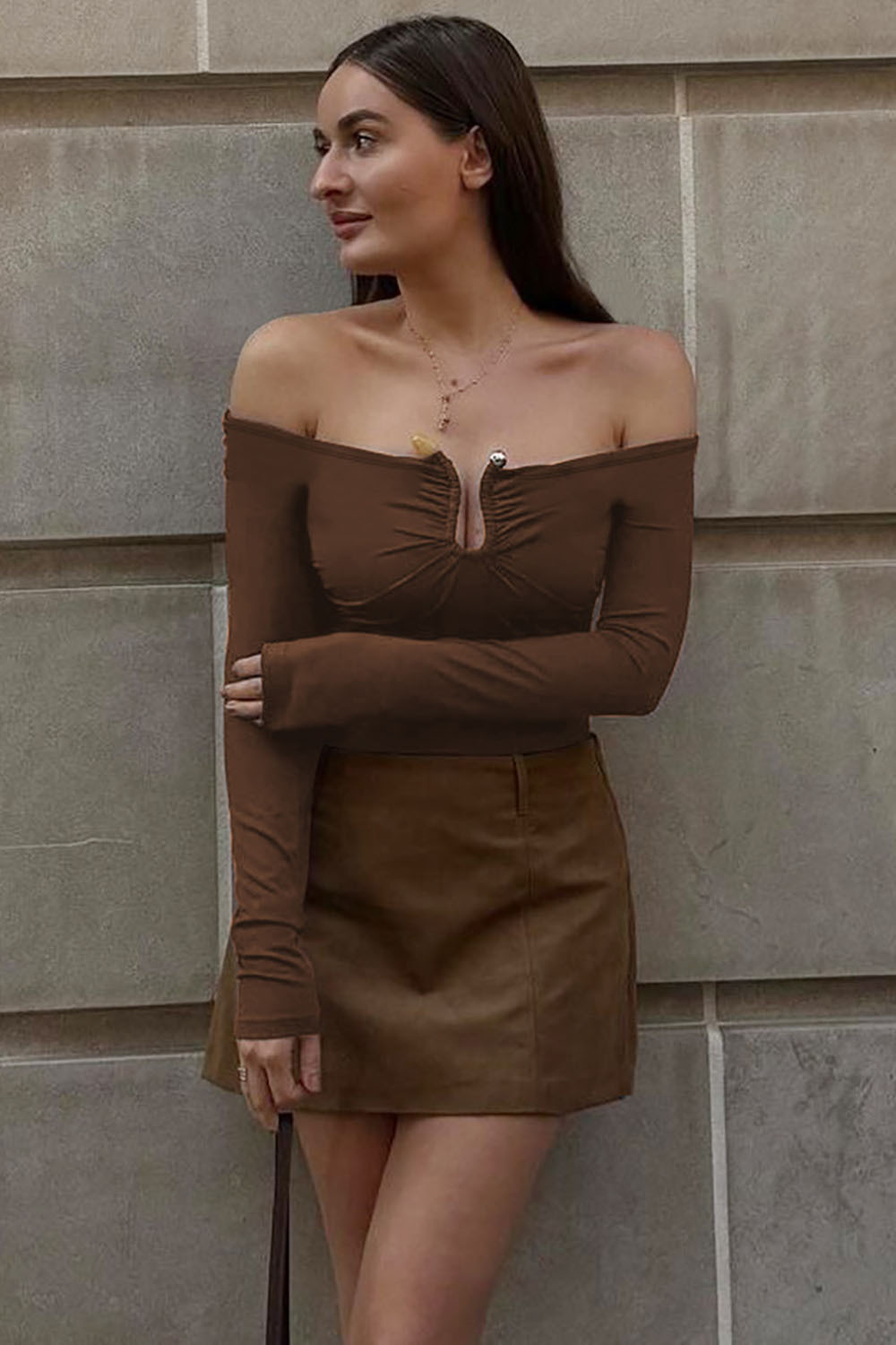 Off Shoulder Notched Collar Long Sleeve Slim-Fit Top-White