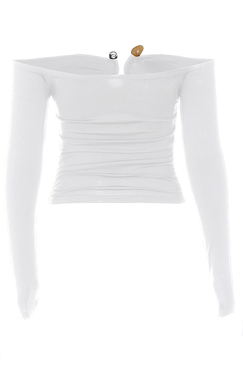 Off Shoulder Notched Collar Long Sleeve Slim-Fit Top-White