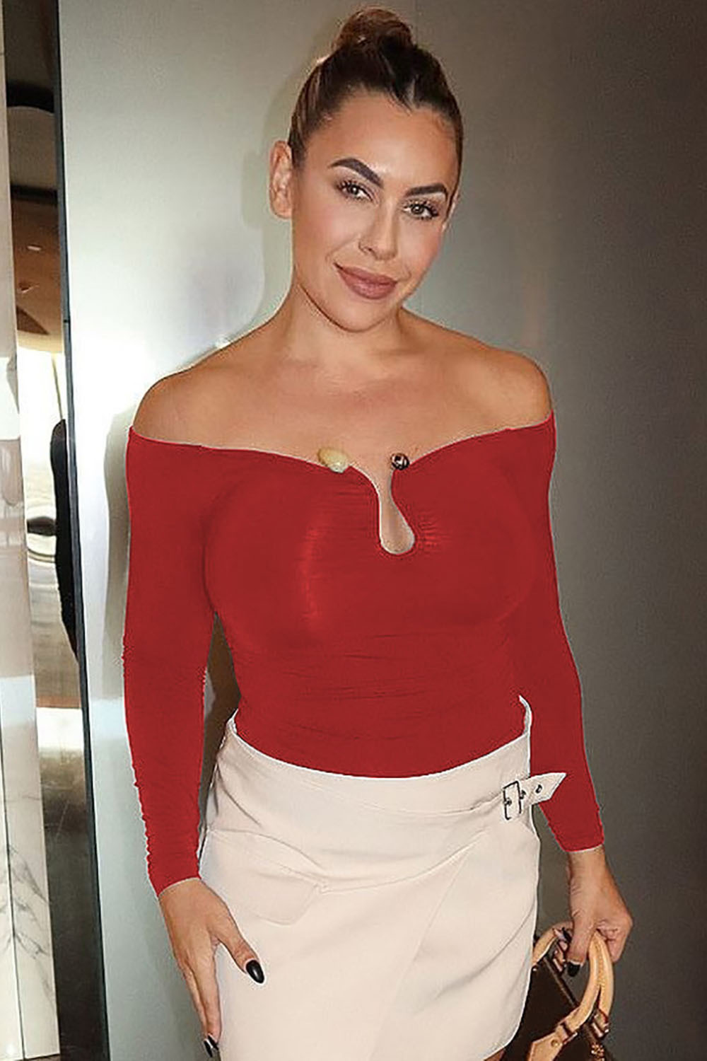 Off Shoulder Notched Collar Long Sleeve Slim-Fit Top-White