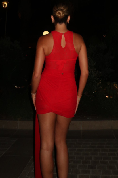 Sleeveless Ruched Bodycon Tie Up Sash Cover Ups Mini Dresses-Red