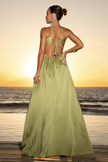 Cross Halter Neck Open Back A-Line Solid Color Maxi Dresses-Green [Pre Order]