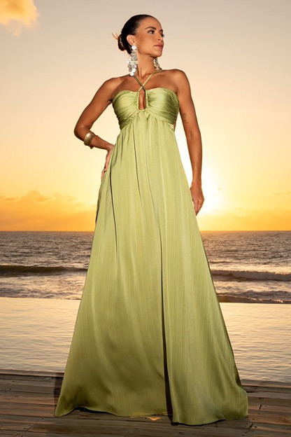 Cross Halter Neck Open Back A-Line Solid Color Maxi Dresses-Green [Pre Order]