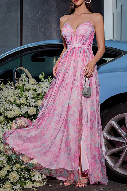Floral Print Strapless Slit Flowy Hem A-Line Gowns Maxi Dresses-Pink