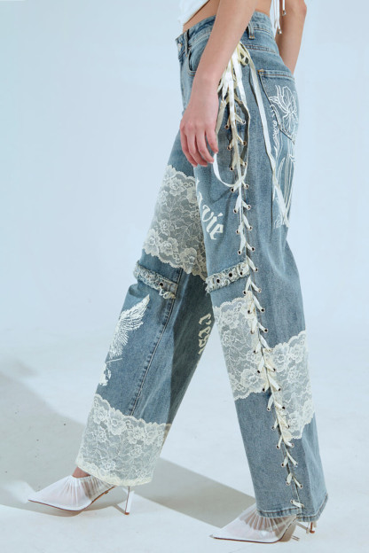Lace Patchwork Denim Straight Leg Casual Jeans-Blue