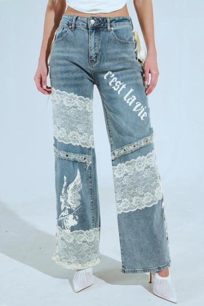 Lace Patchwork Denim Straight Leg Casual Jeans-Blue