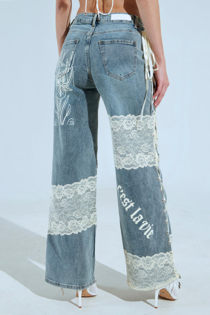 Lace Patchwork Denim Straight Leg Casual Jeans-Blue