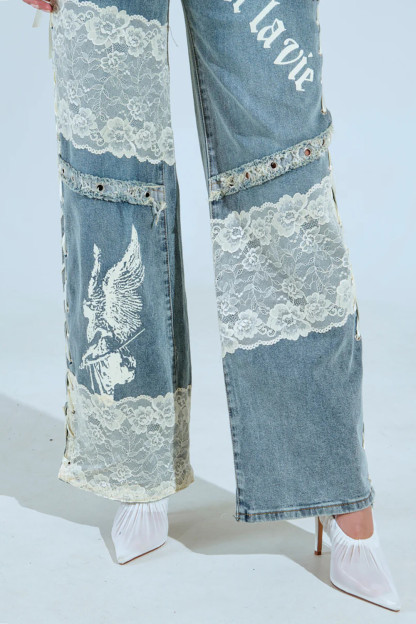 Lace Patchwork Denim Straight Leg Casual Jeans-Blue