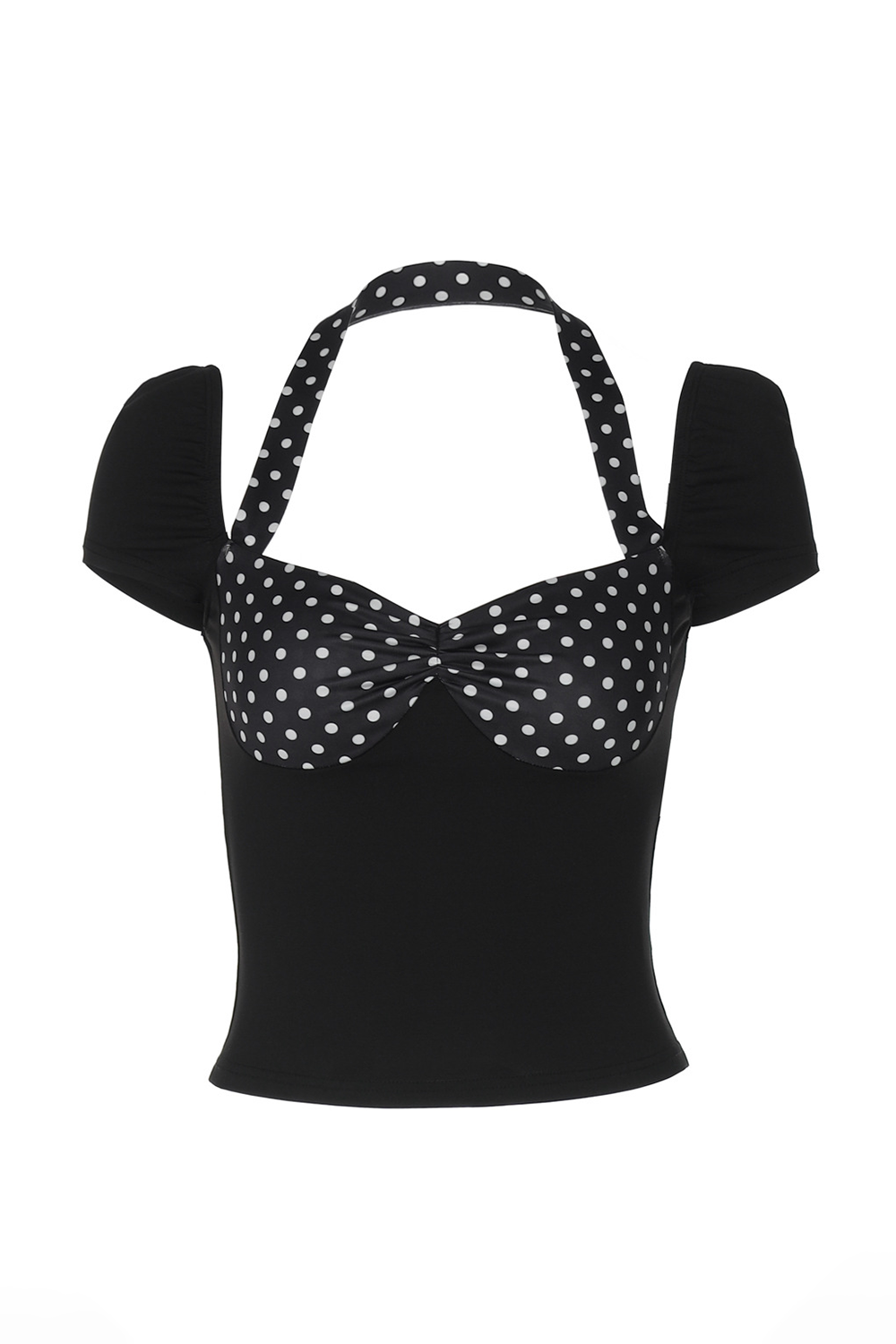 Short Sleeve Polka Dot Print Patchwork Halter Slim Fit Top-Black