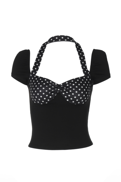 Short Sleeve Polka Dot Print Patchwork Halter Slim Fit Top-Black