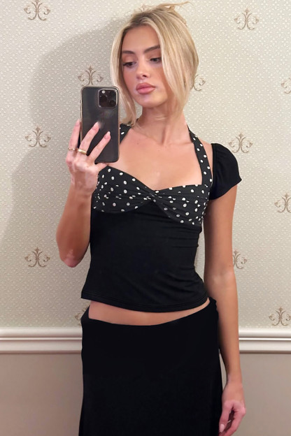 Short Sleeve Polka Dot Print Patchwork Halter Slim Fit Top-Black