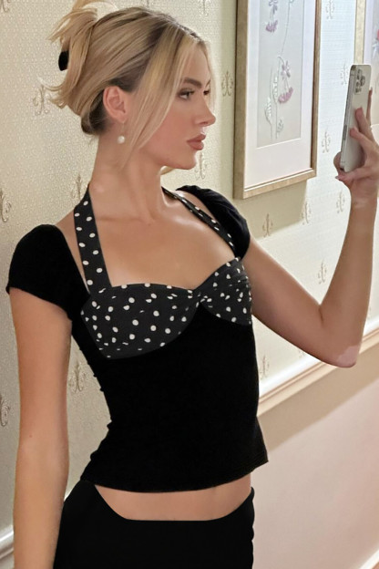 Short Sleeve Polka Dot Print Patchwork Halter Slim Fit Top-Black