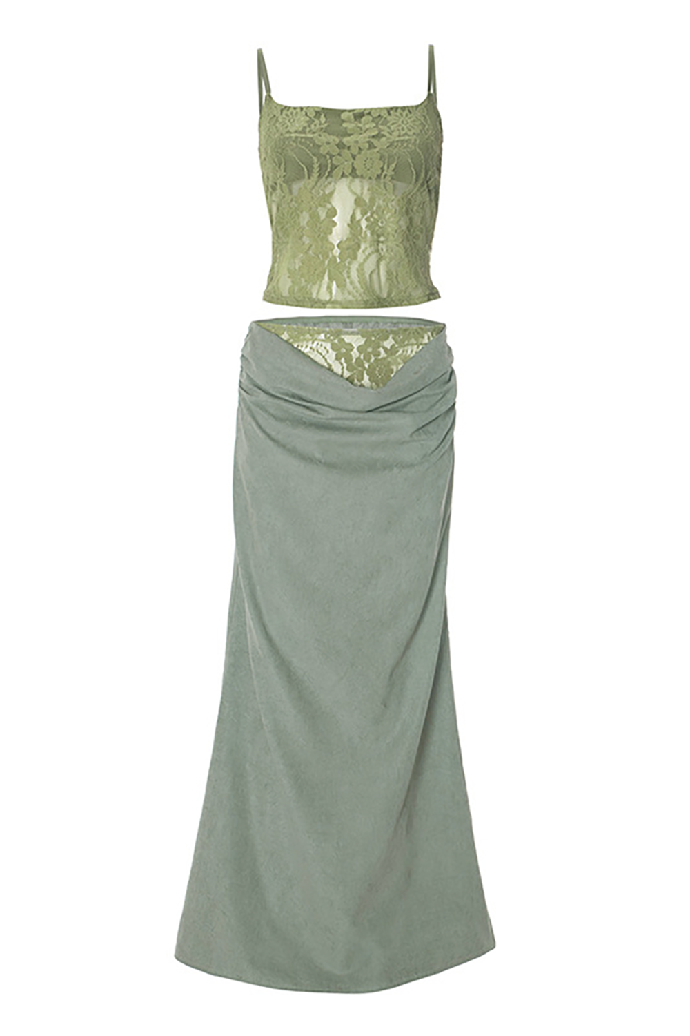Floral Lace Crop Cami Lace Patchwork Ruched Maxi Skirt 2pcs Set-Green