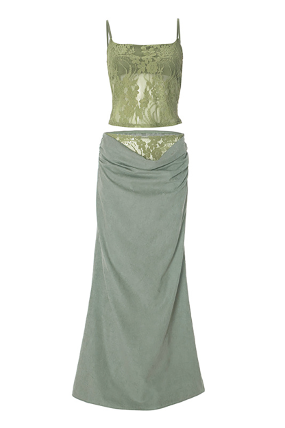 Floral Lace Crop Cami Lace Patchwork Ruched Maxi Skirt 2pcs Set-Green