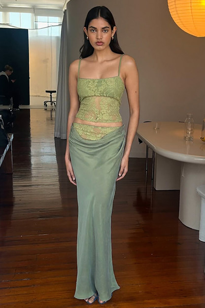 Floral Lace Crop Cami Lace Patchwork Ruched Maxi Skirt 2pcs Set-Green