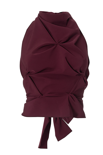 Twisted Ruched Design High Neck Sleeveless Open Back Crop Top-Burgundy