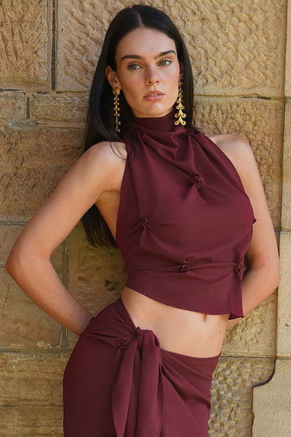Twisted Ruched Design High Neck Sleeveless Open Back Crop Top-Burgundy