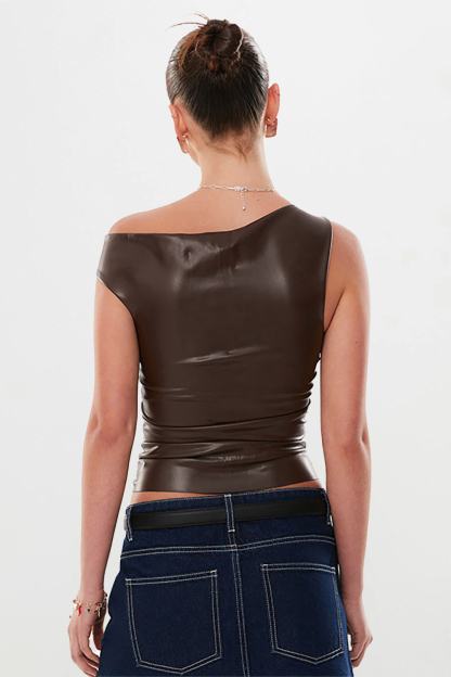 Off Shoulder Faux Leather Ruched Slim Fit Sleeveless Crop Top-Black