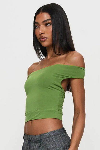 Off Shoulder Solid Color Slim Fit Open Back Crop Top-Green