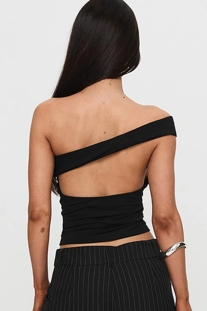 Off Shoulder Solid Color Slim Fit Open Back Crop Top-Green