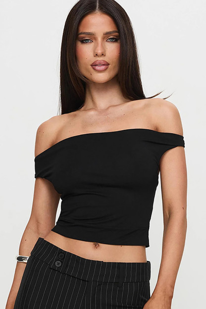 Off Shoulder Solid Color Slim Fit Open Back Crop Top-Green