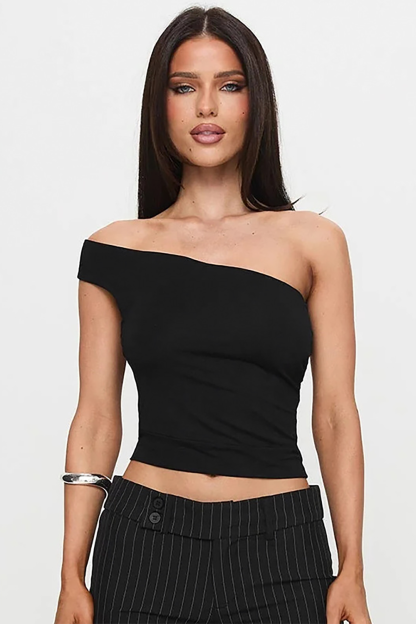 Off Shoulder Solid Color Slim Fit Open Back Crop Top-Green