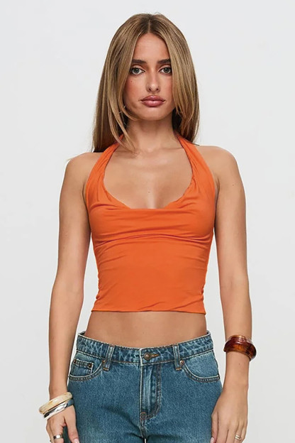 Off Shoulder Solid Color Slim Fit Open Back Crop Top-Green