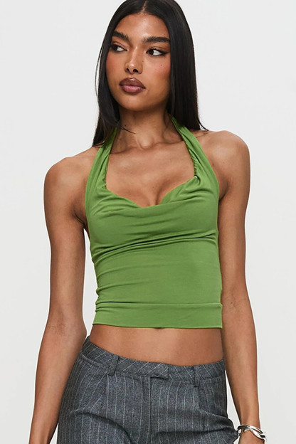 Off Shoulder Solid Color Slim Fit Open Back Crop Top-Green