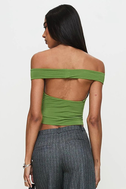 Off Shoulder Solid Color Slim Fit Open Back Crop Top-Green