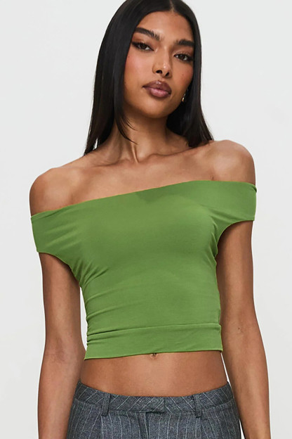 Off Shoulder Solid Color Slim Fit Open Back Crop Top-Green