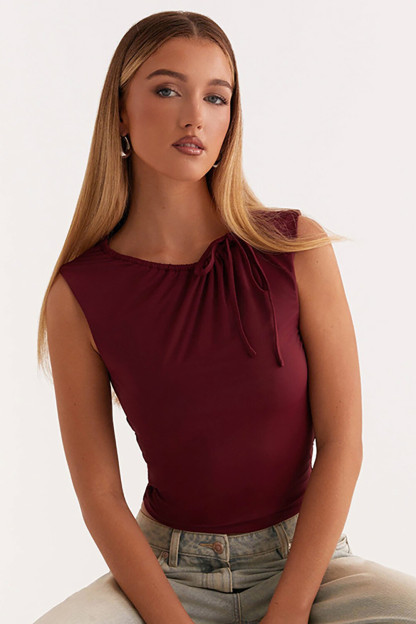 Drawstring Ruched Tie Up Sleeveless Slim Fit Plain Crop Top-Burgundy
