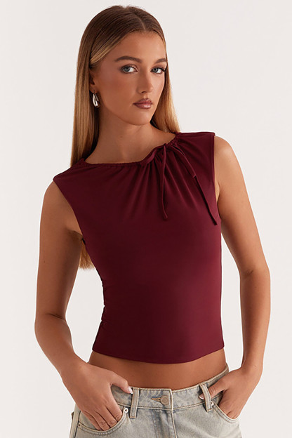 Drawstring Ruched Tie Up Sleeveless Slim Fit Plain Crop Top-Burgundy