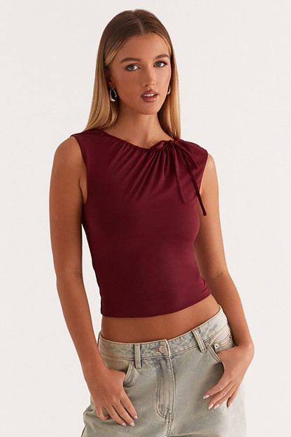 Drawstring Ruched Tie Up Sleeveless Slim Fit Plain Crop Top-Burgundy