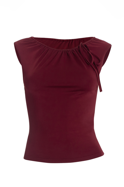 Drawstring Ruched Tie Up Sleeveless Slim Fit Plain Crop Top-Burgundy