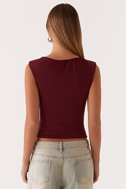 Drawstring Ruched Tie Up Sleeveless Slim Fit Plain Crop Top-Burgundy