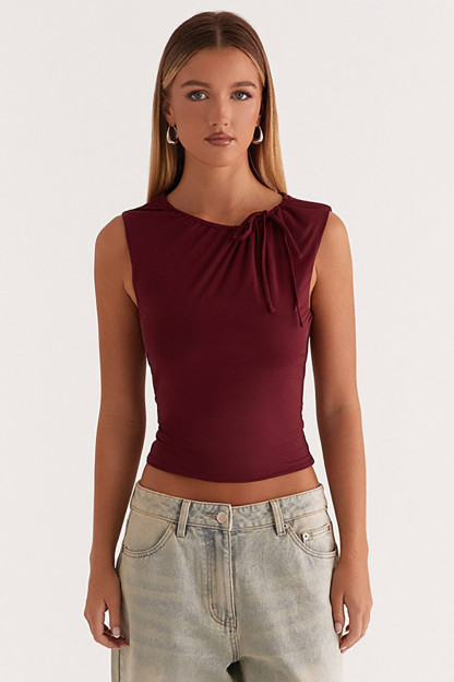 Drawstring Ruched Tie Up Sleeveless Slim Fit Plain Crop Top-Burgundy