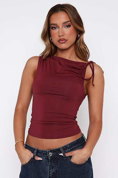 Skew Neck Drawstring Ruched Tie Up Solid Color Crop Tank Top-Burgundy