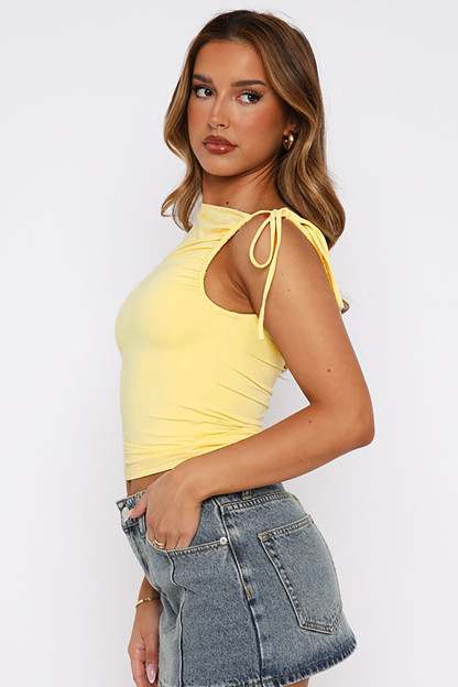 Skew Neck Drawstring Ruched Tie Up Solid Color Crop Tank Top-Burgundy