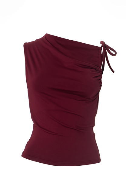 Skew Neck Drawstring Ruched Tie Up Solid Color Crop Tank Top-Burgundy