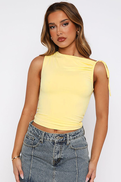 Skew Neck Drawstring Ruched Tie Up Solid Color Crop Tank Top-Burgundy