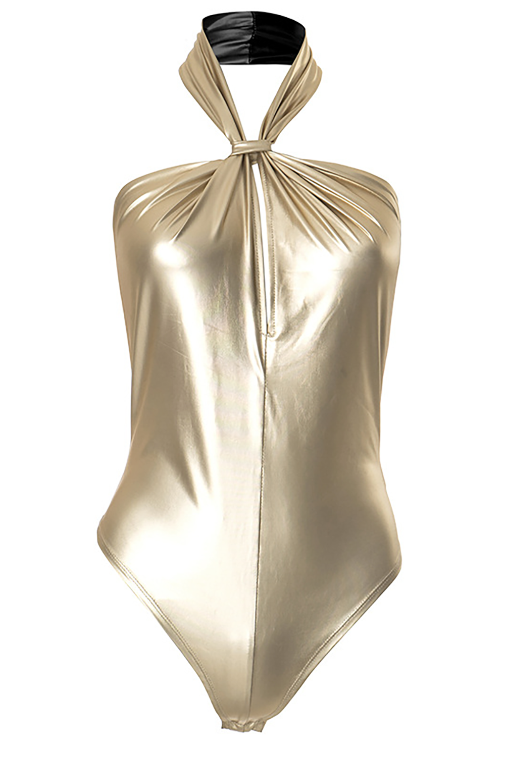 Twisted Knot Halter Neck Sleeveless Metallic Finish Bodysuit-Gold