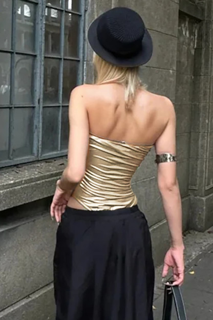 Twisted Knot Halter Neck Sleeveless Metallic Finish Bodysuit-Gold